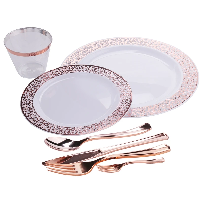 

1 Sets of Rose Gold Disposable Tableware Set Cup Plastic Plate Table Knife Wedding Banquet Supplies