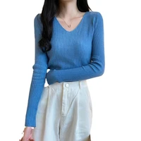 2021 autumn winter womens slim sweater knitted v neck blue thick knit pullover long sleeve white warm sweaters for women tops