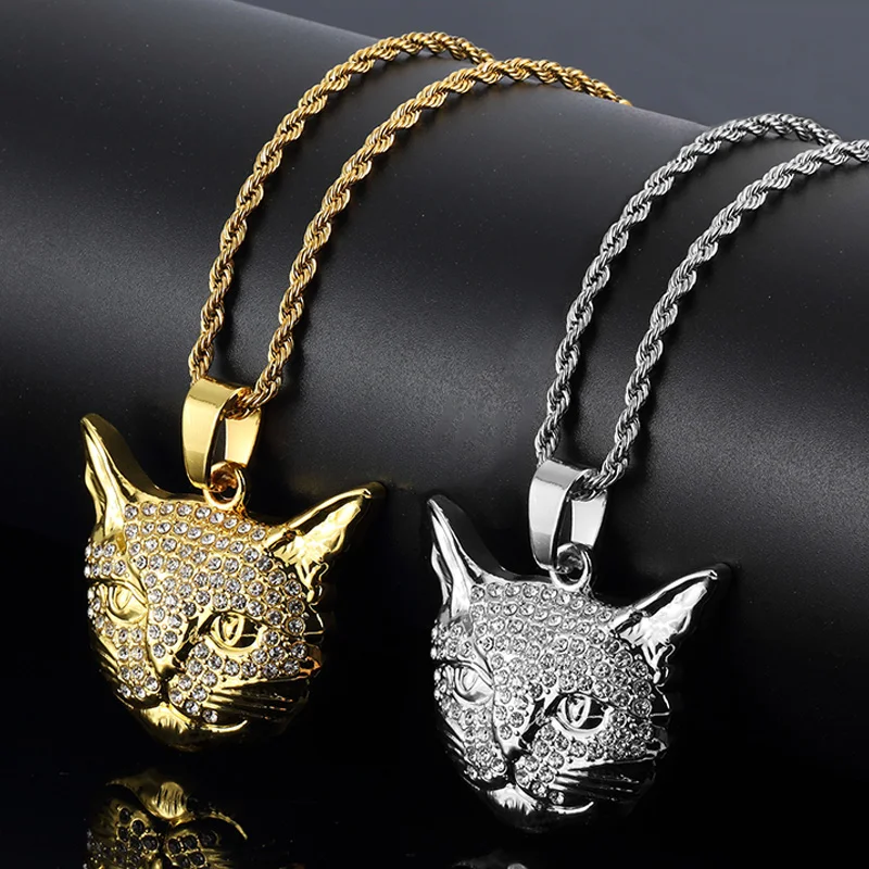 

Vintage Bling Gold Color Animal Cat Head Rhinestone Pendants Necklaces Men Women Hip Hop Crystal Jewelry Gifts Chains