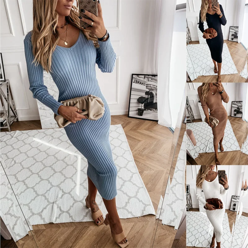 

Autumn V-neck Fashion Casual Long Sleeve Party Bodycon Ribbed Knit Dress Women Autumn Winter Solid Slim Midi Women Sweater Dress