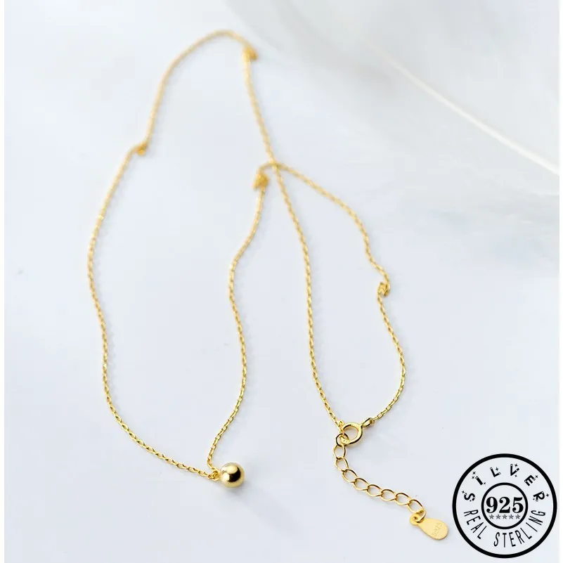 

925 Sterling Silver Geometric 5mm Round Solid Ball Pendant Gold Color Plated Chain Statement Minimalist Necklaces for Women