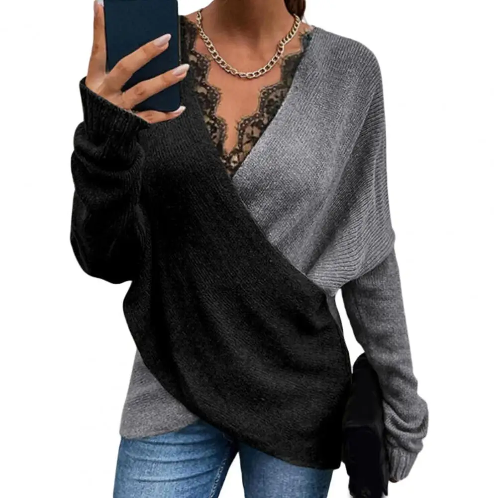 

Casual Women Sweater Color Block Lace Autumn Winter Loose-fitting Knitting Sweater Pullover for Daily Wear Top Women Grey xxl