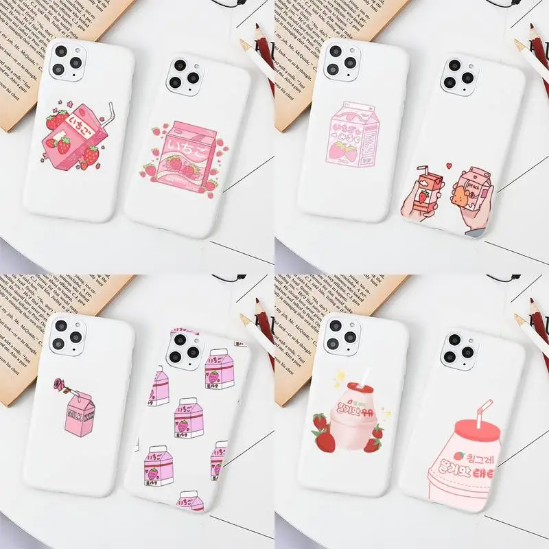 

Kawaii Japanese Strawberry Milk Phone Case for iphone 13 12 mini 11 Pro Max X XS XR 7 8 6 6S Plus Solid Color Capa