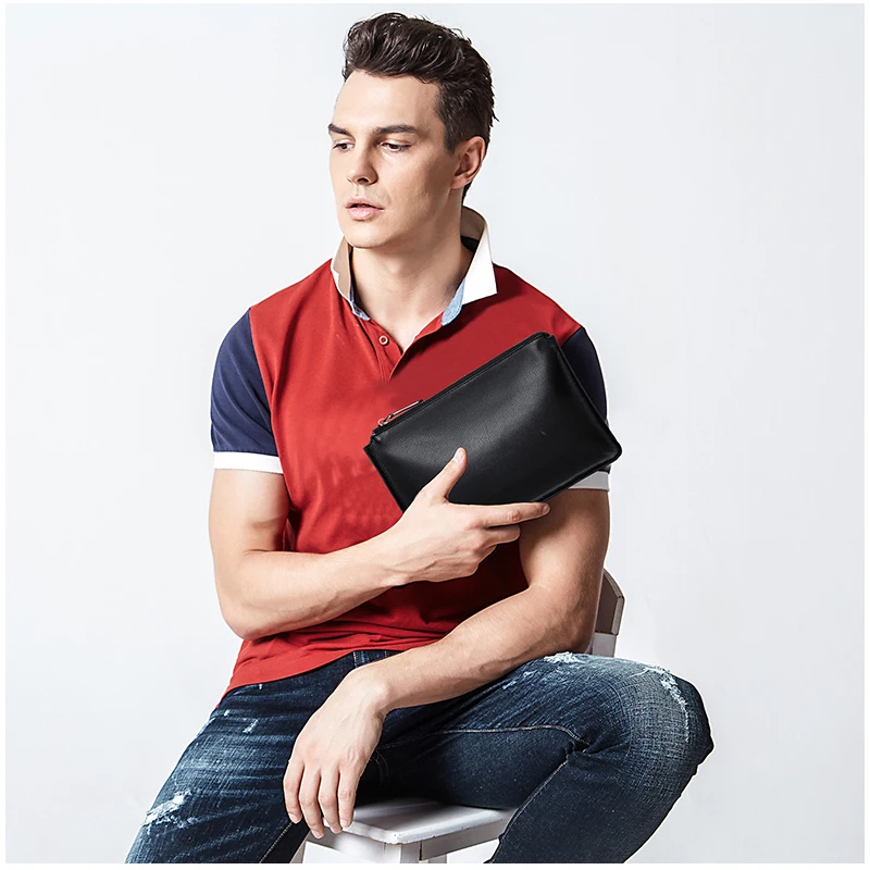 

Wmnuo Men's Clutch Bags Cow Genuine Leather Zipper Big Soft Hand Bag For Male Designed Wallets Envelope Bag Phone Pocket Black