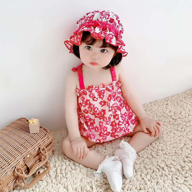 

2PCS Baby Floral Romper Girl Korean Suspender Jumpsuit 2022 Summer Toddler Girls Cute Bodysuit Infant Birthday Rompers with Hat