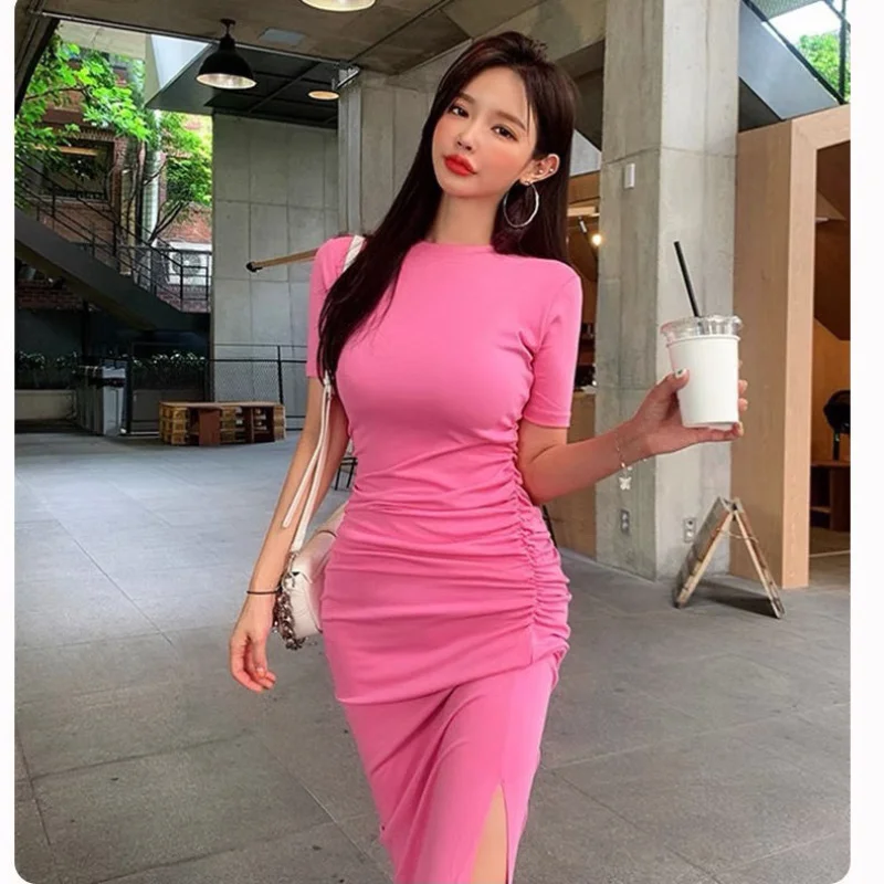 

Женское весенне-летнее платье, повседневное однотонное платье, женское облегающее платье с круглым вырезом и коротким рукавом, винтажные ж...