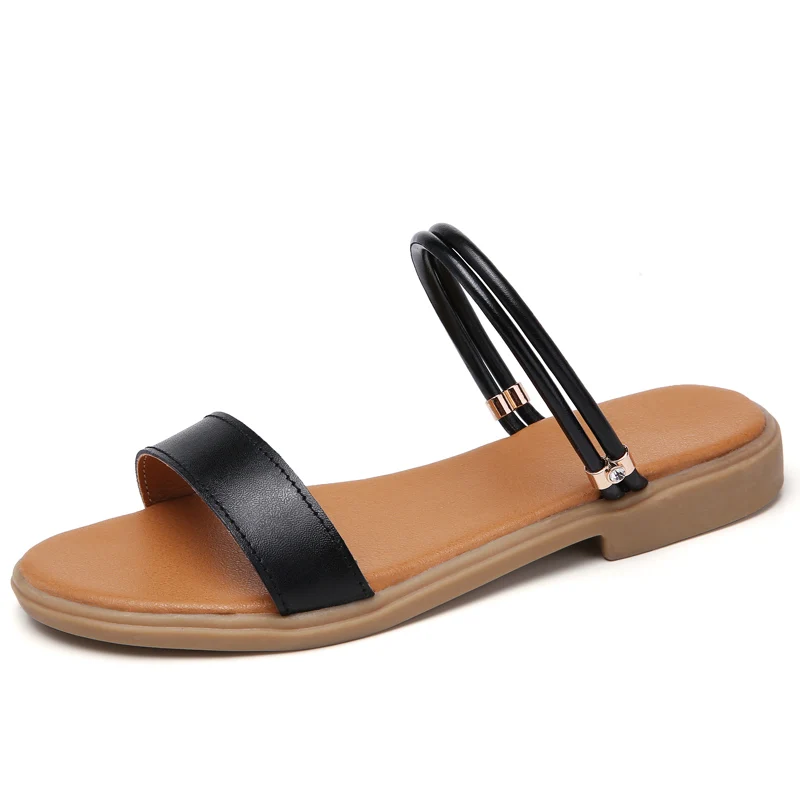 

Holfredterse Summer Shoes for Women's Sandals 2021 Leather Ladies Flat Shoes Female Button Low Heels Shoes Black/White/Beige 722