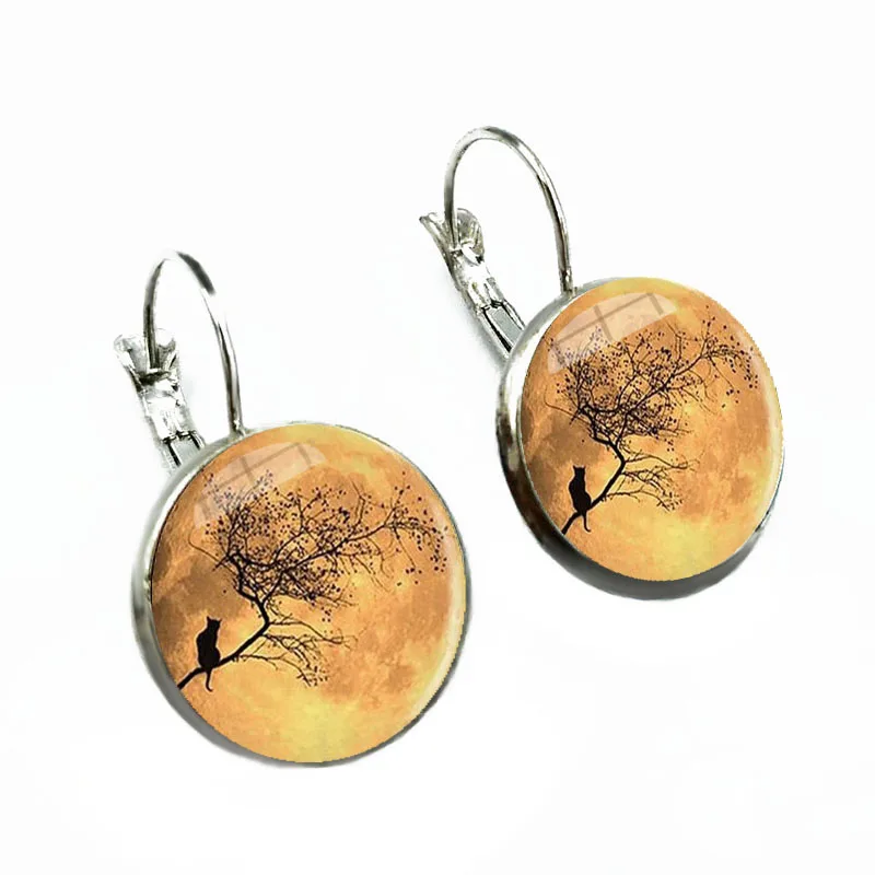 Кошка под синим ночным небом ручной работы Круглый купол стеклянный Серьги