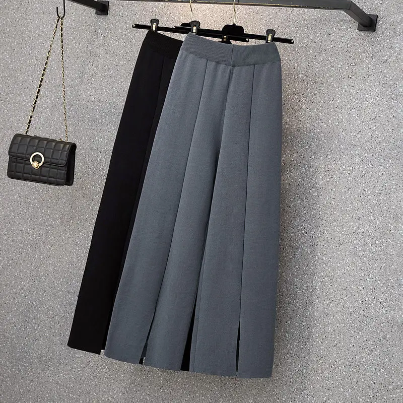 

Autumn Winter Large Size Wide Leg Knit Trouser High Waist Korean Loose Women's Front Slit Thick Cropped Straight Pants M1093