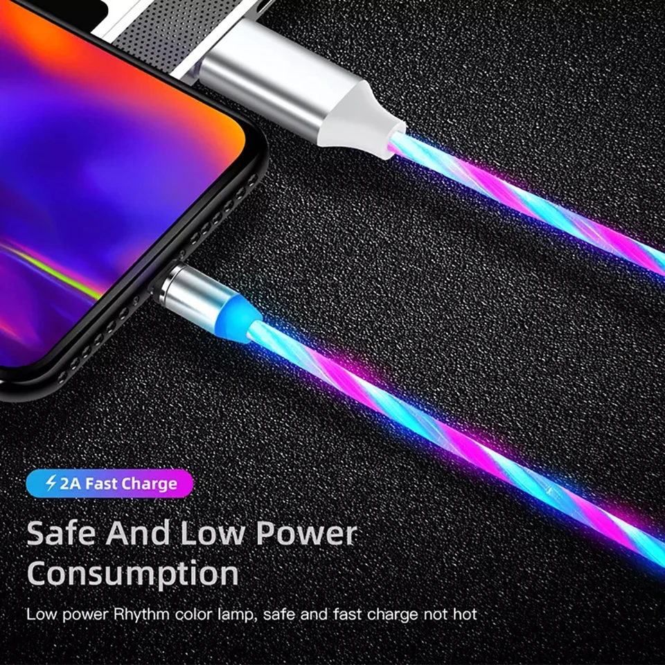 Струящийся Радужный светящийся светодиодный магнитный кабель usb type-C для huawei P30 samsung S9, провод 2,4 А, быстрая зарядка, микро кабель для передачи данных для iPhone