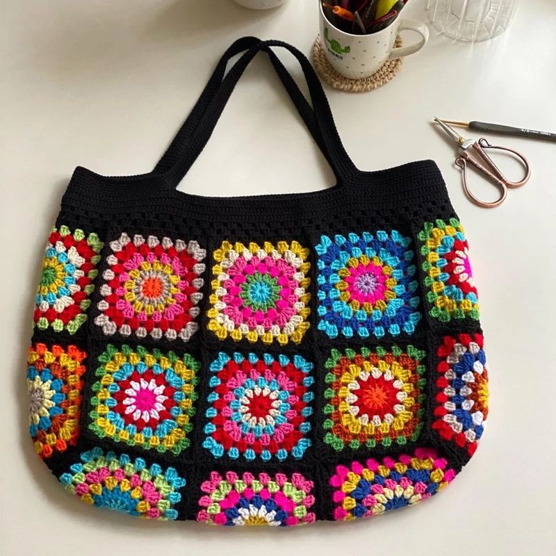 

Granny Square Black Shoulder Bag Colorful Purse With Unique Retro Style Handmade Crochet Boho Ethnic Handbag Tote Bag For Lady