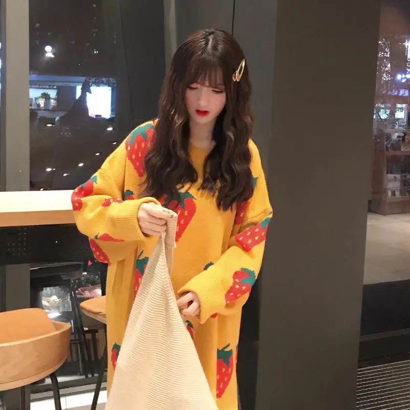 Kawaii розовый свитер длинный участок большого размера клубничный пуловер свитер зима женская корейская версия трикотажа осень теплая новая одежда
