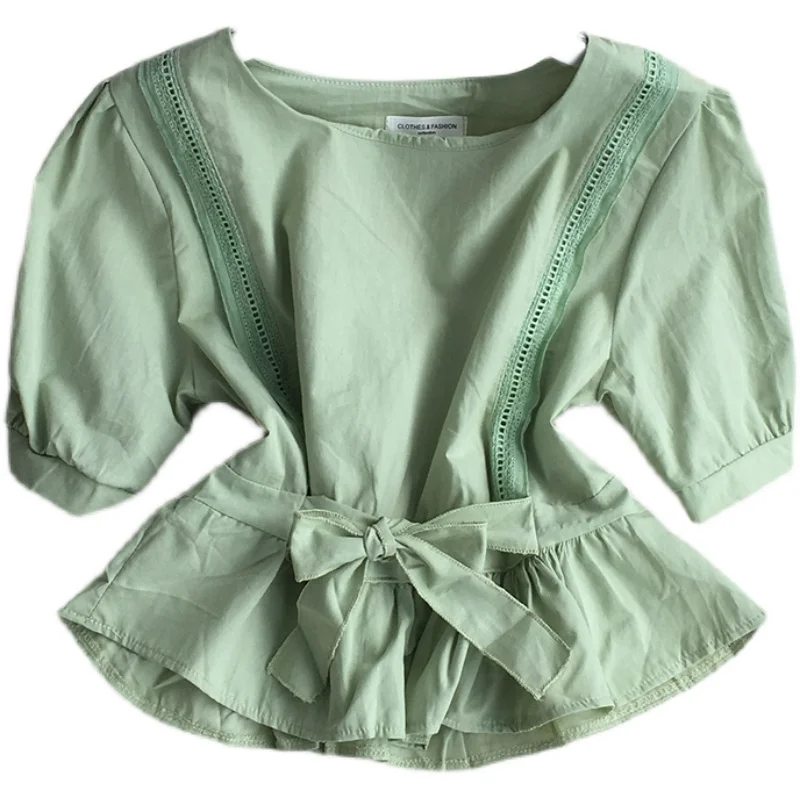 

2021 New Summer Women Fashion O-neck short sleeve Shirt bow bandage high waist pleated solid color short Shirt Top