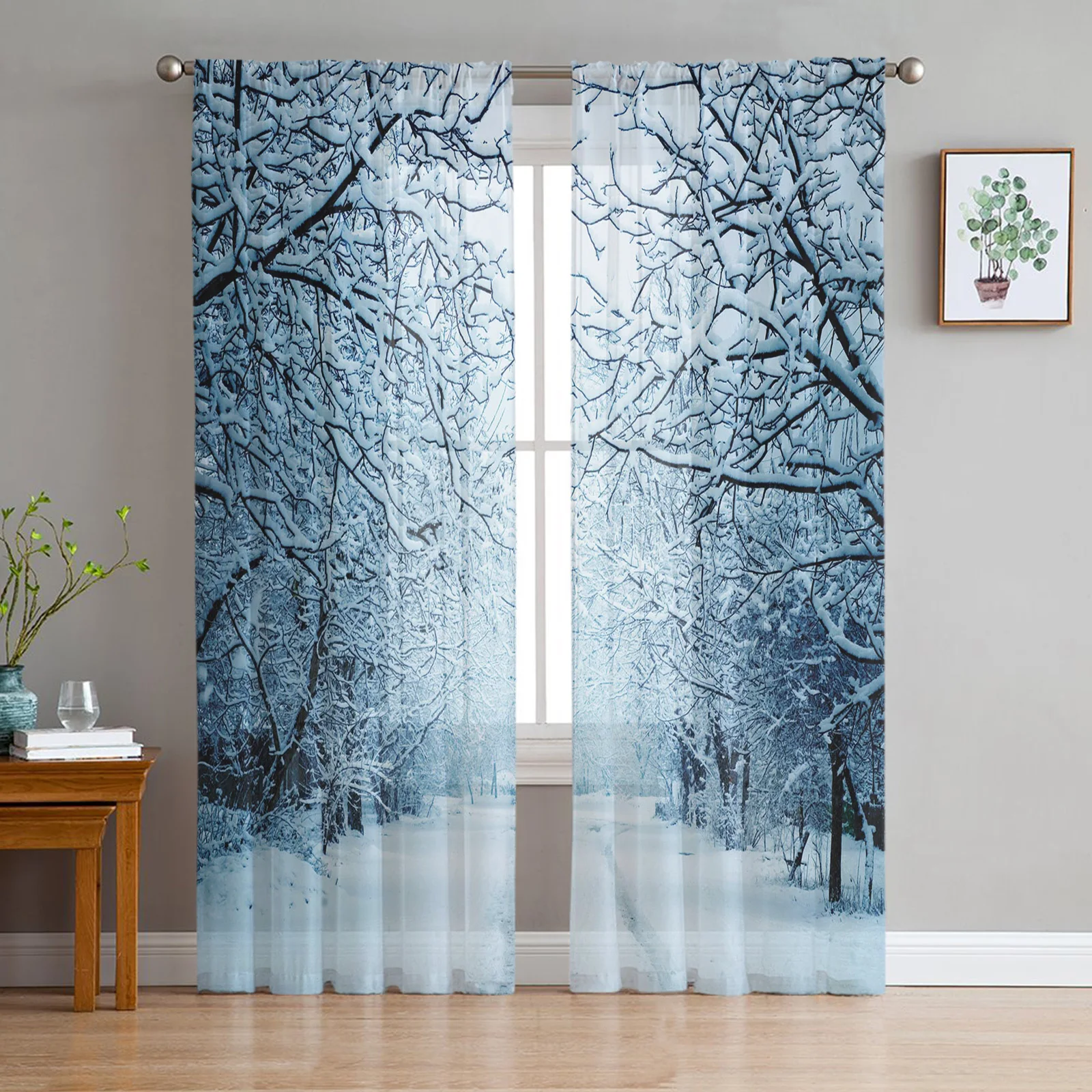 

Forest Birch Trees Snow Curtain Window Tulle For Living Room Bedroom Kitchen Chiffon Sheer Window Treatment Decorations