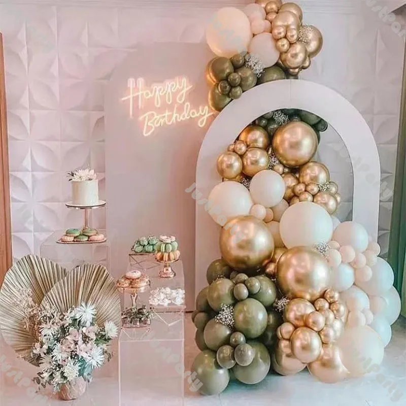 Guirnalda de globos de caf&eacute; verde polvoriento, decoraci&oacute;n de boda, Kit de arco de globos de arena blanca y dorada cromada, Decoraci&oacute;n de cumplea&ntilde;os para Baby Shower-1