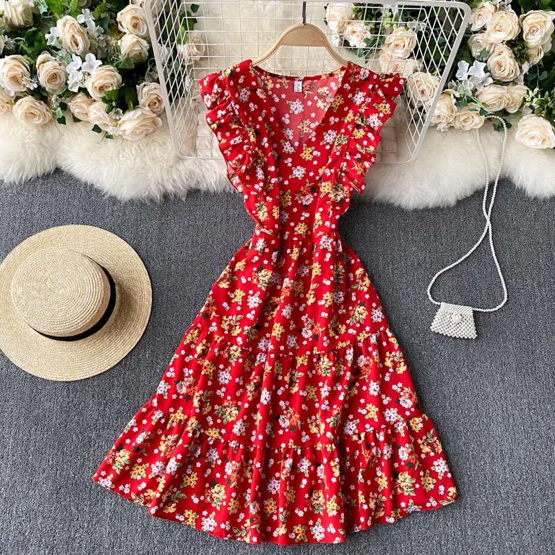 

Temperament Women's Seaside 2021 New Spring Summer V Neck High Waist Fold Casual Flying Sleeve Chic Ladies Dress