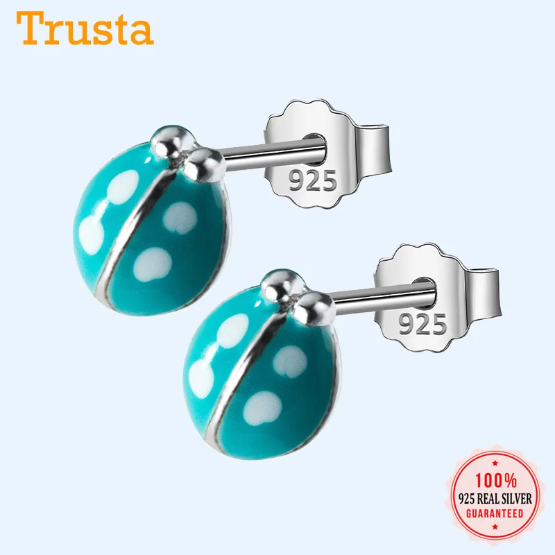 Trusta 925 пробы серебряные серьги модные милые миниатюрные 4 мм X 5 мм зеленые серьги-гвоздики в виде божьей коровки подарок для девочек