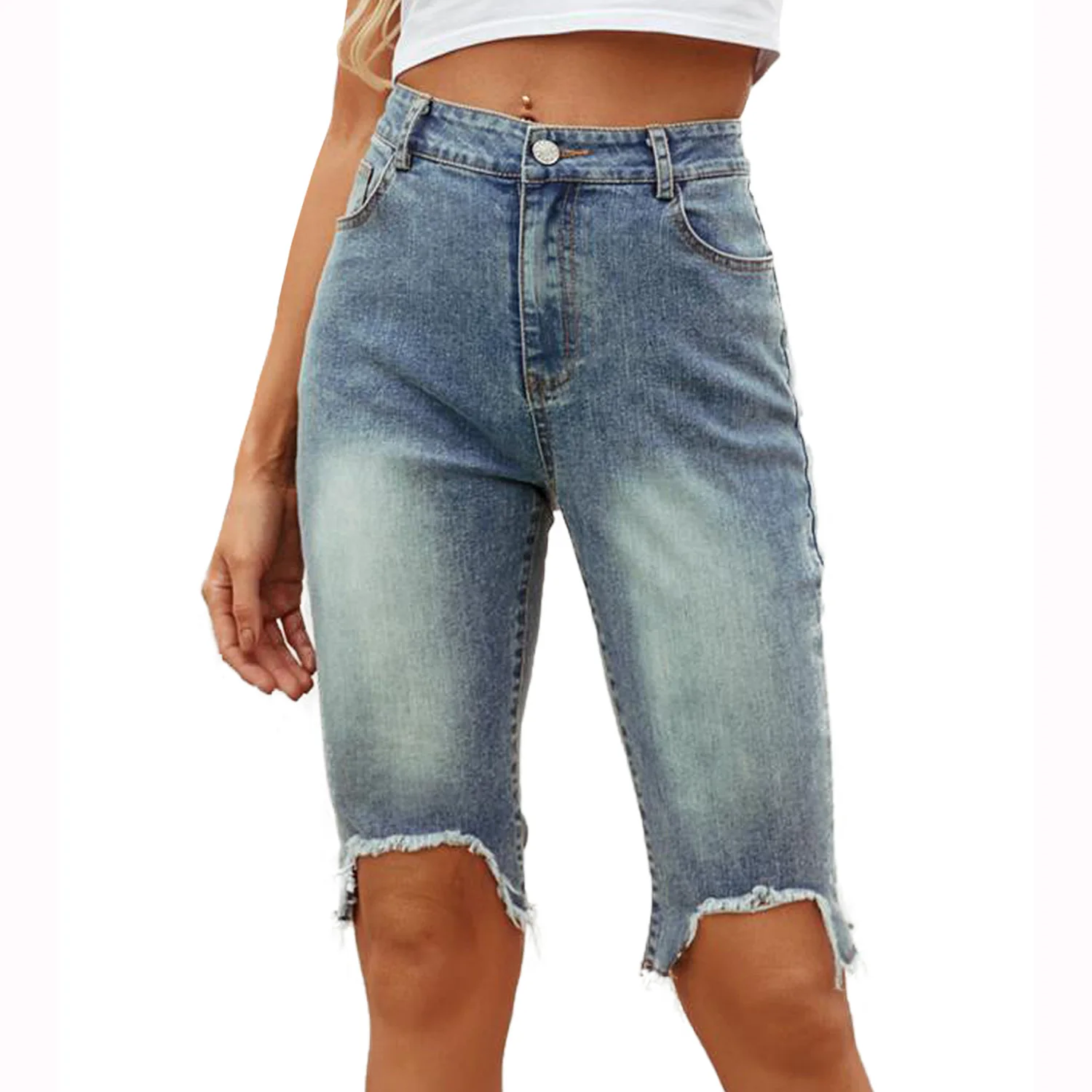 

European and American fashion casual irregular slim straight tube jeans white high-waisted five-minute pants autumn and winter
