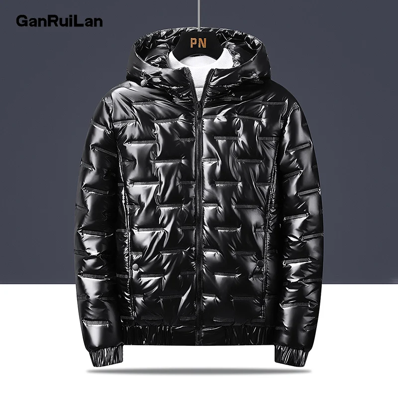 New Winter Men's Hooded Parkas Windbreaker Fashion Thermal Coats Mens Thick Warm Glossy Black Jackets Outwear Male Clothing