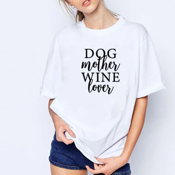 

Женская футболка с принтом собаки, мамы, винного любителя, летняя футболка с коротким рукавом и круглым вырезом, хлопковая свободная Черно-б...