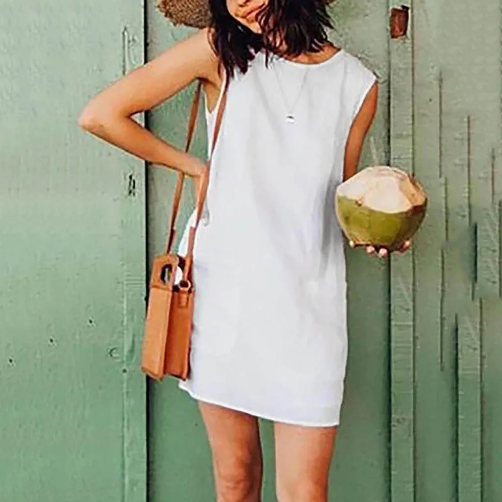 Летний сарафан из хлопка и льна женские летние платья без рукавов с круглым