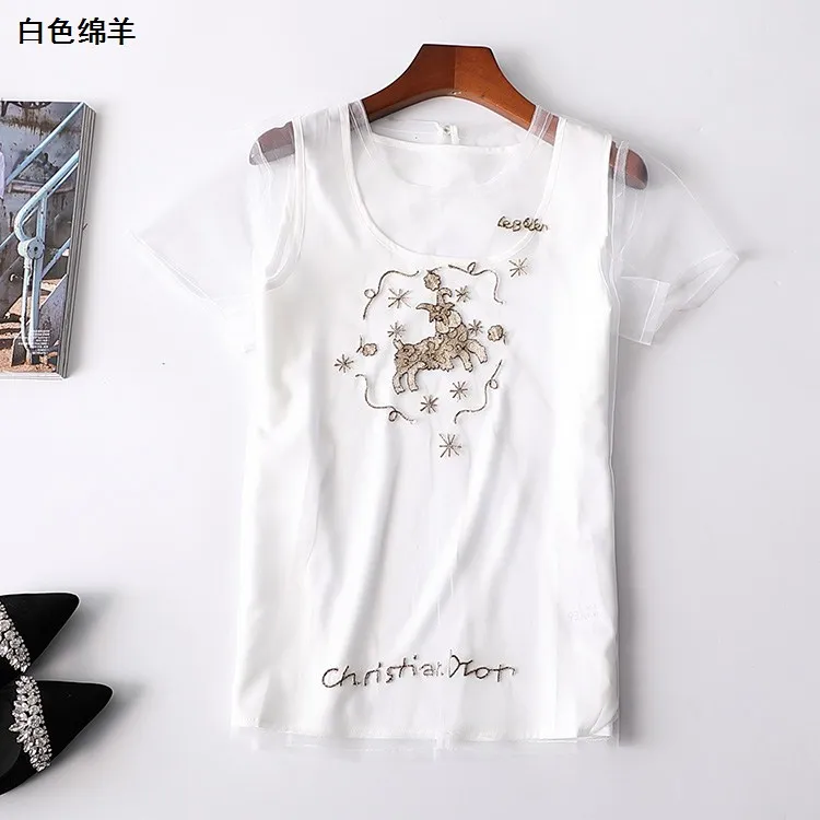 Новый топ с коротким рукавом круглым вырезом и вышивкой животных трикотажная