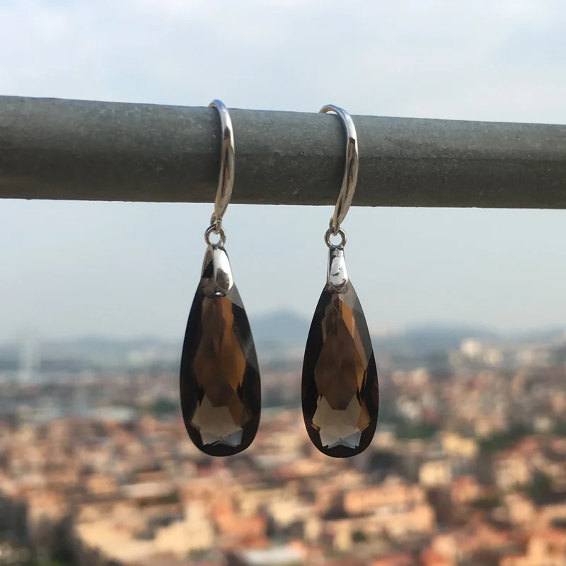 Женские серьги с дымчатым кварцем CSJ серебро 925 пробы 9*22 мм 11 карат | Украшения и