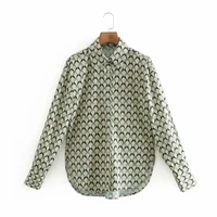 fashion women geometric printing side slit shirts female long sleeve blouses casual lady loose tops blusas s8272