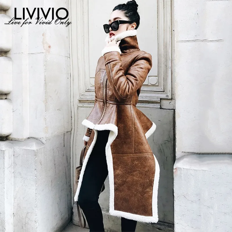 [LIVIVIO] Необычные флисовые длинные пальто из искусственной кожи с высоким воротником на молнии, куртки зимние толстые женские модные большие размеры XXL