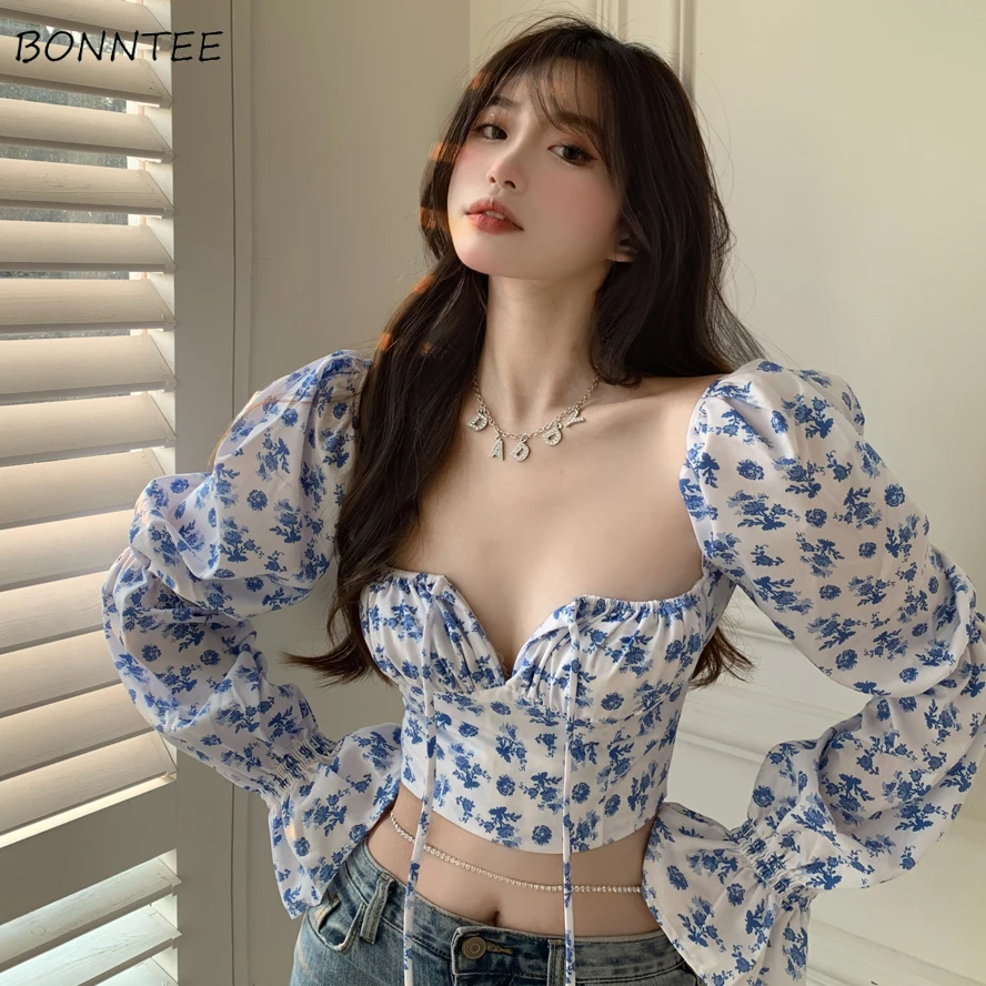 

Women Blouses Puff Sleeve Floral Square Collar Pullover Korean Style Slim Female Korean Style Fit Simple Fashion Chic Crop Tops