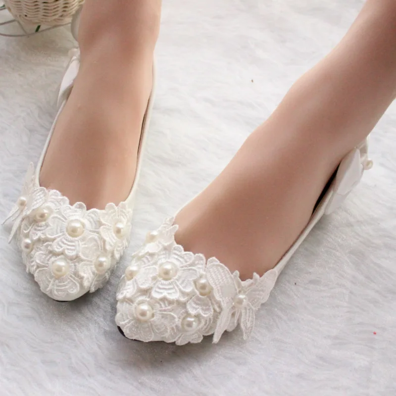 BaoYaFang White bow flat Bridesmaid shoes pearl handmade flower wedding dress women shoes Bridal Photo matching shoes