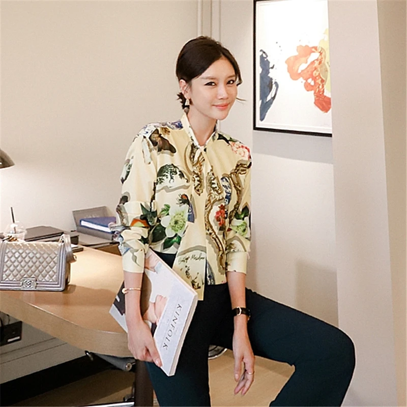 

Korean Style 2020 Autumn New Temperament Bow Long Sleeve Tops Women High Quality Casual Ink Wash Print Shirts