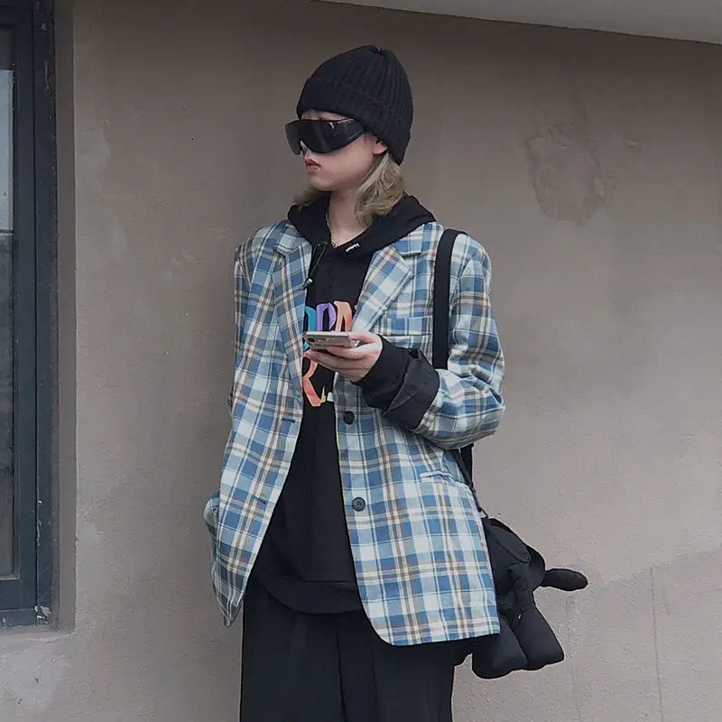 

2021 Spring And Autumn New Youth Popular Loose Plaid Unisex Single Breasted Simple Suit Fashion Casual Top Blue S-XL