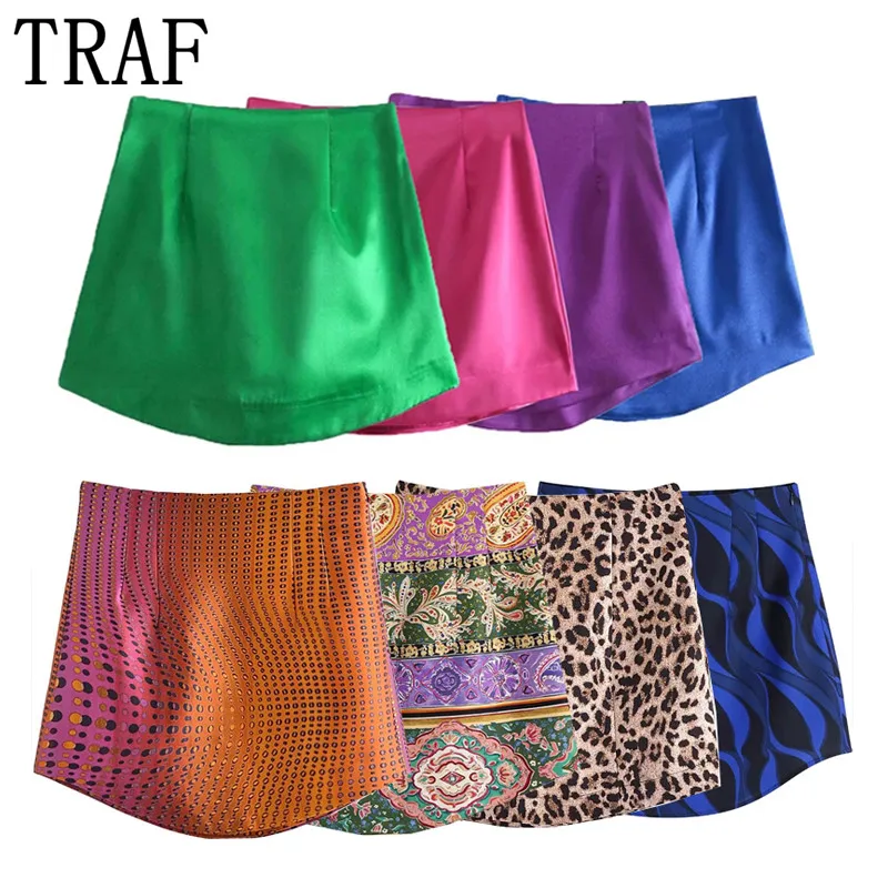 TRAF Satin Short Skirts Woman Vintage Sexy Mini Skirt Women 2021 Green Red New Year Elegant Skirts High Waist A Line Skirt
