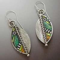 women earrings jeweler gothic accessories long hanging abstract iridescent green leaves zigzag artificial wood leaf earrings