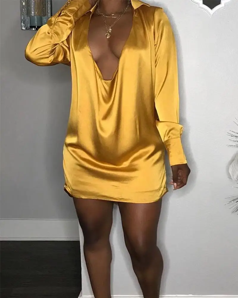 Сексуальное осеннее атласное мини платье с запахом элегантное Клубное желтого