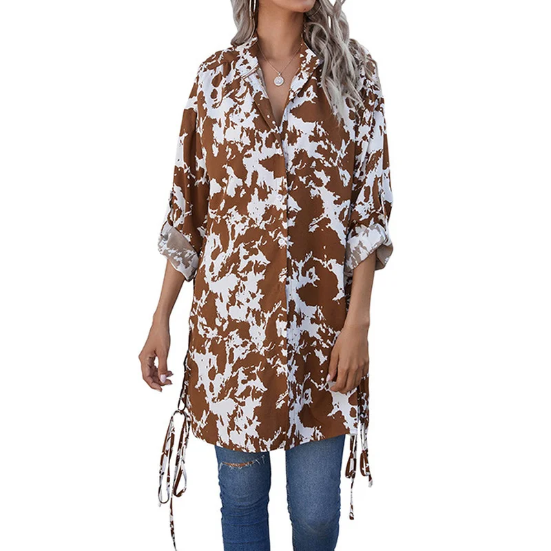 

print blouse Women's long-sleeved shirt with fork baggy button-down blouse and floral v-neck blouse