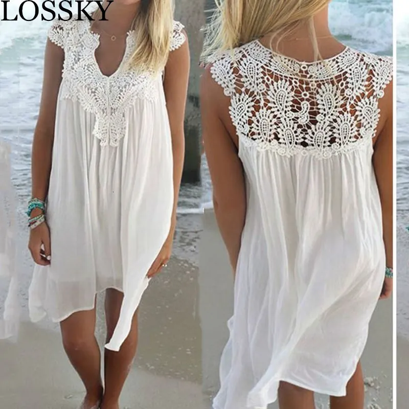Белое шифоновое кружевное лоскутное мини платье повседневное свободное женское