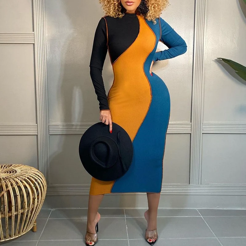 

High quality 2021 Fashion women Casual Sli Fit Daily Wear Mock Neck Midi Dress Colorblock Contrast Piping Long Sleeve Dress