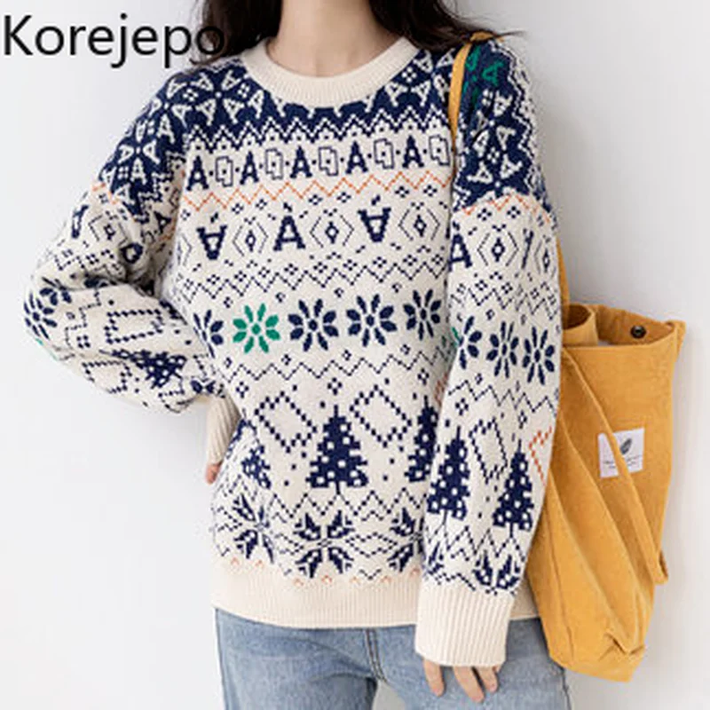 

Korejepo Women Sweater 2021 Autumn Winter New Korean Retro Jacquard Printed O-neck Long Sleeve Pullover Loose Bottoming Knit Top