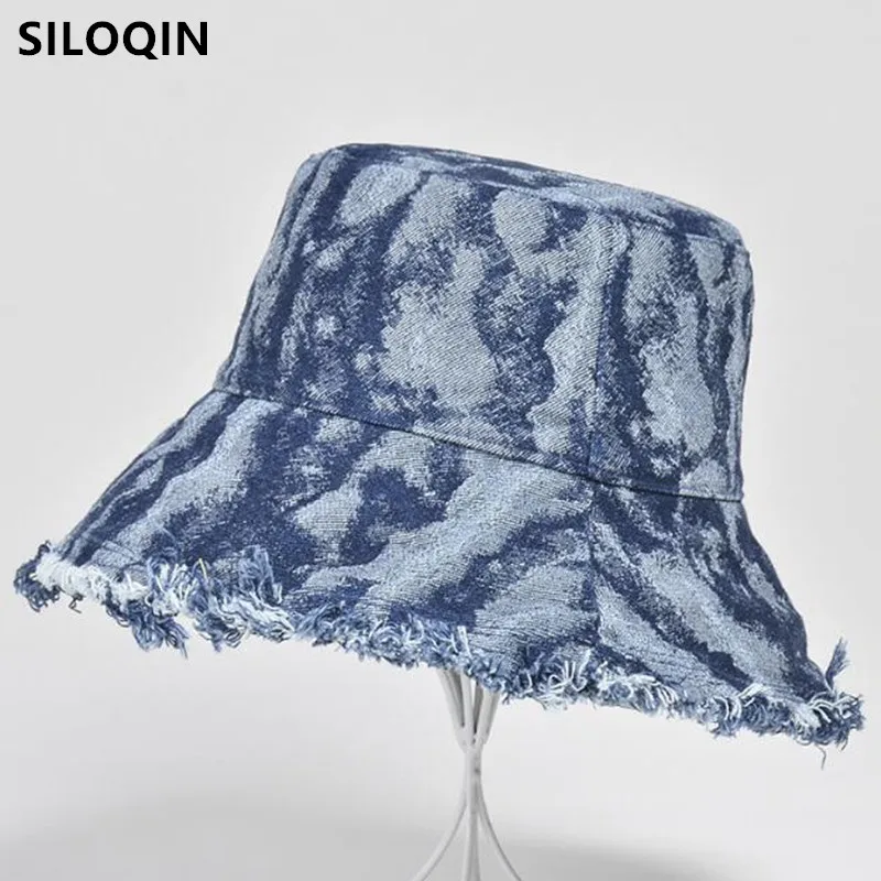 

SILOQIN Foldable Personality Women's Bucket Hat New Summer Panama Washed Denim Frayed Burrs Casual Beach Hats Elegant Female Hat