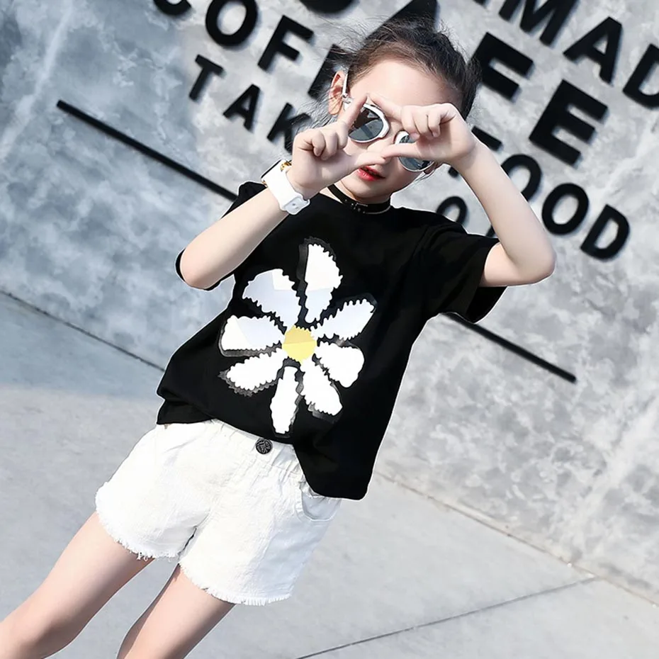 Летняя футболка для девочек с цветочным принтом футболки топ коротким рукавом