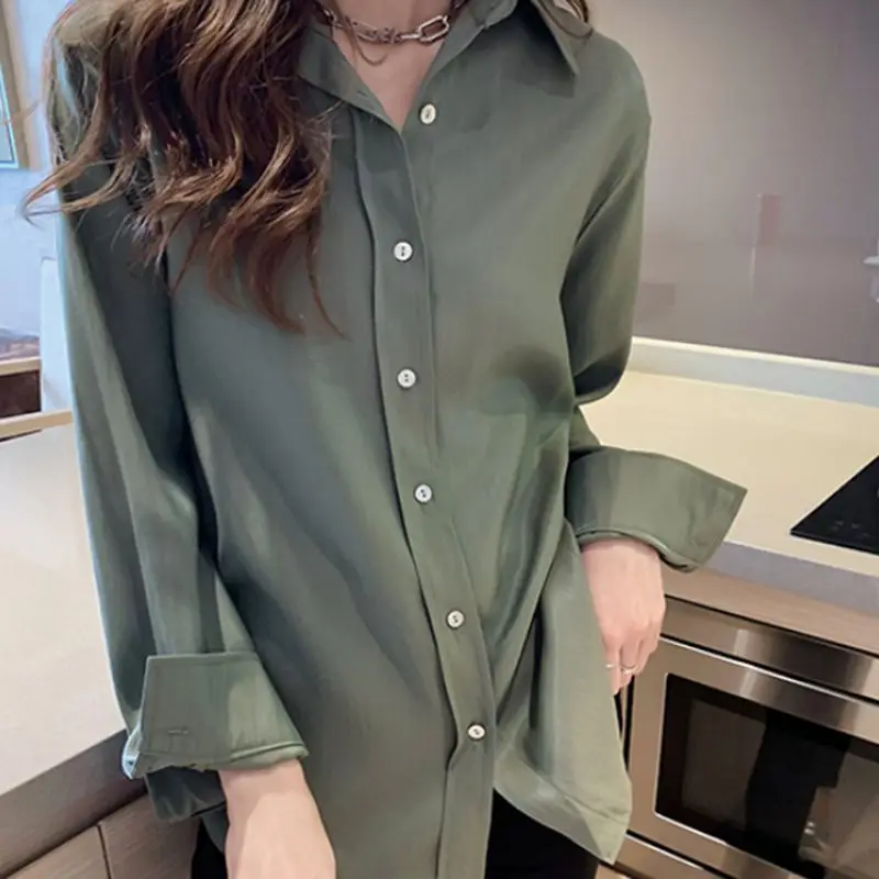 

Women Simple Solid Color Cotton Blend Shirt Fashion Loose Single-breasted Long Sleeve Lapel Casual Blouse New