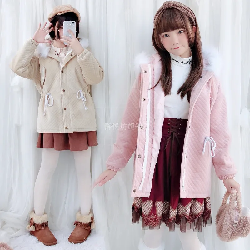 Сезон осень зима в стиле японской формы милое пальто Лолита с меховым воротником