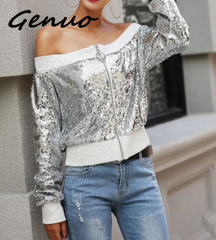 Женская модная пикантная куртка 2019 на молнии с воротником одно слово серебристая