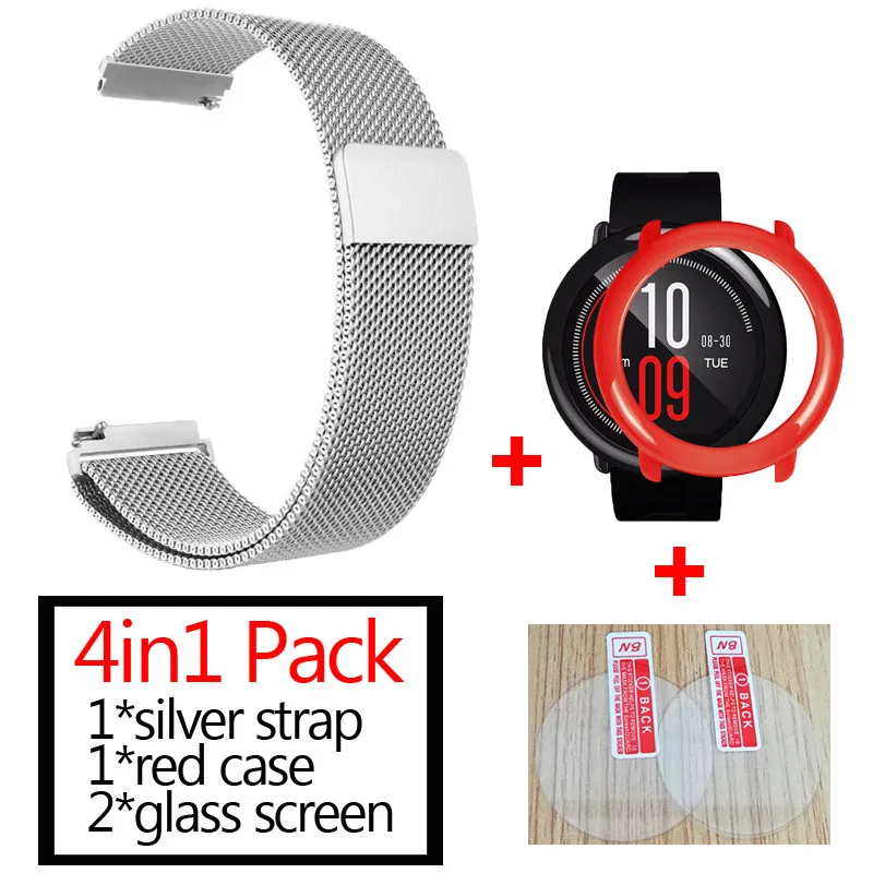 3в1 Для xiaomi Huami Amazfit pace ремешок для часов металлический Миланский ремешок+ защитный чехол для наручного ремня+ Защитное стекло для экрана - Цвет: silver-red