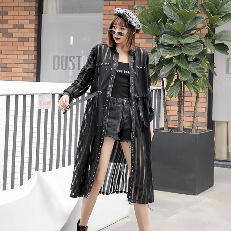 Тренчкот женский прозрачный на молнии Длинная ветровка с кружевом повседневный