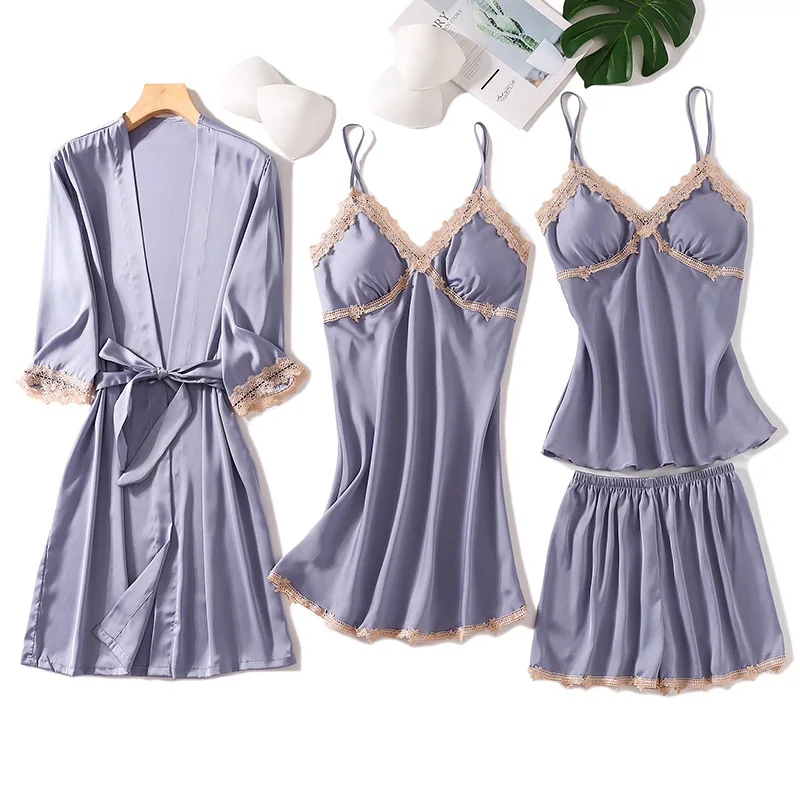 

Lace Women 4PCS Pajamas Suit INTIMATE LINGERIE Casual Kimono Bathrobe Gown Spring Summer New Nightwear Lady Satin Sleepwear