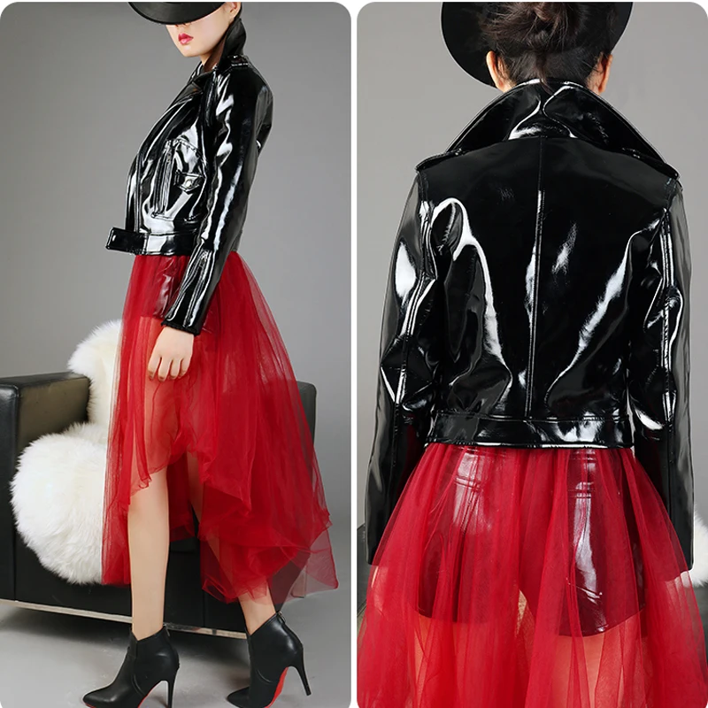 

2019 Spring Autumn New Short Patent Leather Coats Female High-waist PU Leather Jacket BF Motorcycle Jacket Black Red Lady