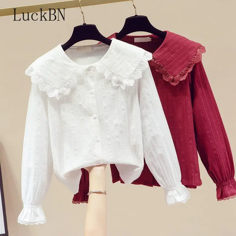 

Spring New Women Peter Pan White Shirt with Tie Long Sleeve Lace Blouse Autumn Solid Sweet Cute Girls Tops Camisas Mujer 2021